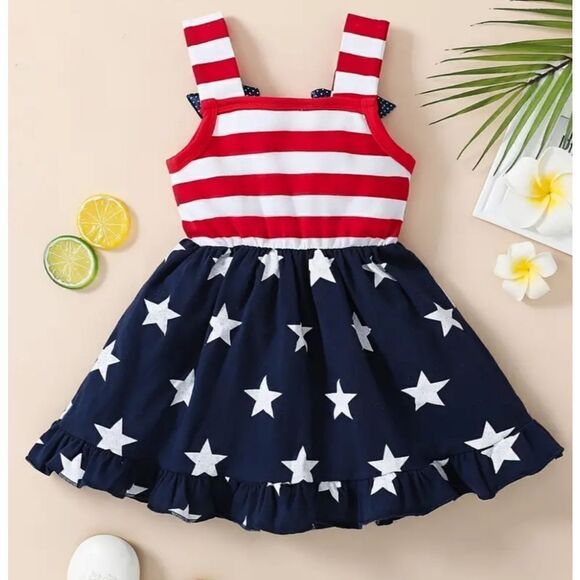 NWT Patriotic Star Stripe Print Sleeveless Summer Dress with Bow Accents Sz 4/5 - Picture 2 of 5